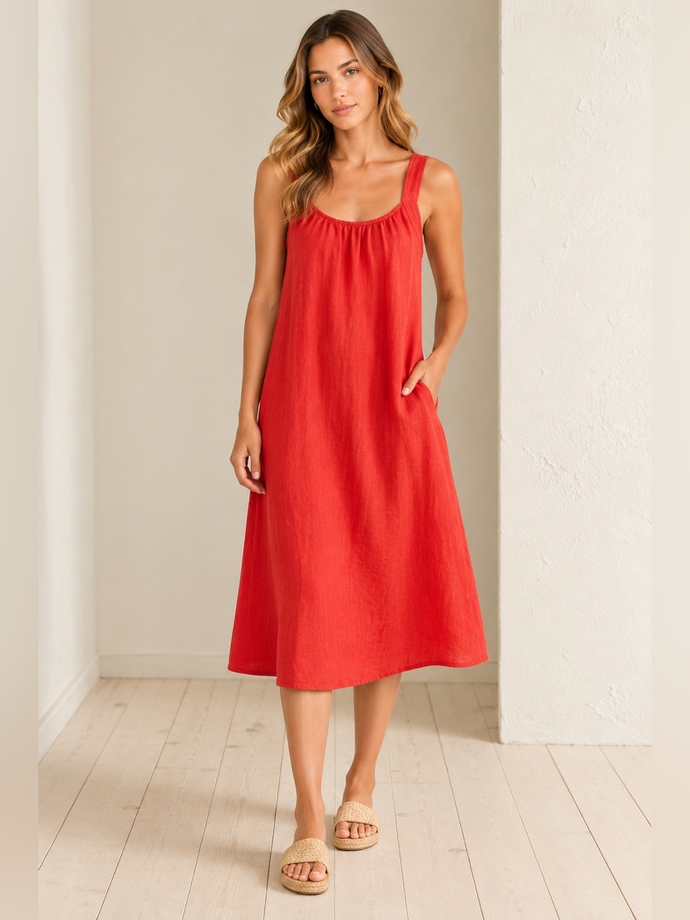 Eileen Fisher Organic Linen Red Dress Large‎